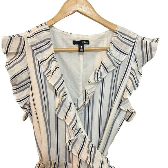 Aqua Ruffle Mini Wrap Dress Flutter Sleeve Navy White Striped Women's Size‎ M - Picture 4 of 10